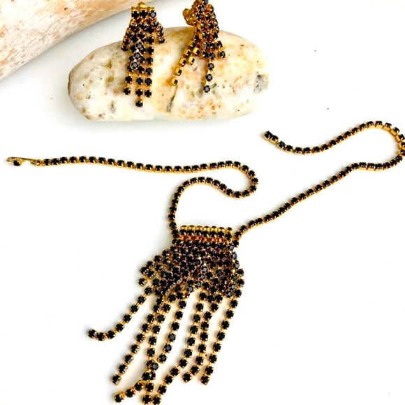 Vintage Waterfall Black Rhinestone Necklace Set 🖤 - Picture 3 of 17